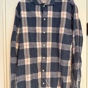 LEDBURY Linen Men's Navy and Pink Plaid Button-Down